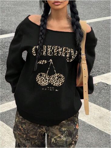 GORGLITTER Women's Off the Shoulder Sweatshirt Cherry Graphic Long Sleeve Pullover Tops in Saudi Arabia