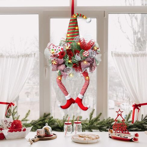 Christmas Mesh Wreaths for Front Door with Lights,Artificial Christmas Decoration Witch Wreath Holiday Thanksgiving Fall Winter Decor (Design F) in Kuwait