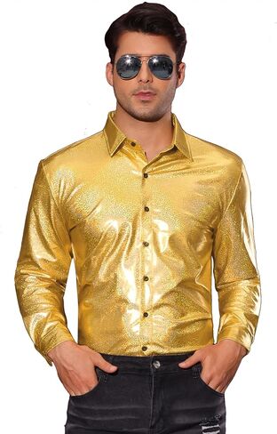 Lars Amadeus Metallic Shirts for Men's Shiny Printed Button Down Party 70s Disco Shirts in Saudi Arabia