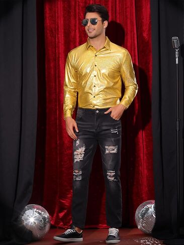 Lars Amadeus Metallic Shirts for Men's Shiny Printed Button Down Party 70s Disco Shirts in Saudi Arabia