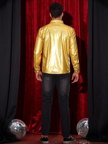 Lars Amadeus Metallic Shirts for Men's Shiny Printed Button Down Party 70s Disco Shirts in Saudi Arabia