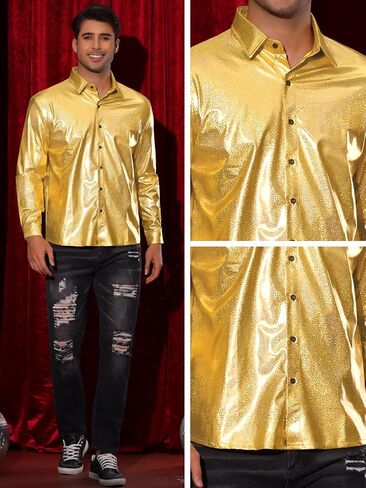 Lars Amadeus Metallic Shirts for Men's Shiny Printed Button Down Party 70s Disco Shirts in Saudi Arabia