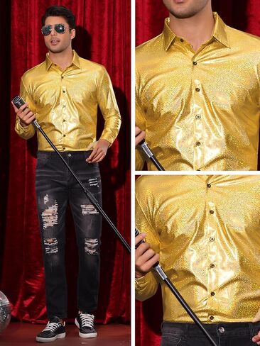 Lars Amadeus Metallic Shirts for Men's Shiny Printed Button Down Party 70s Disco Shirts in Saudi Arabia