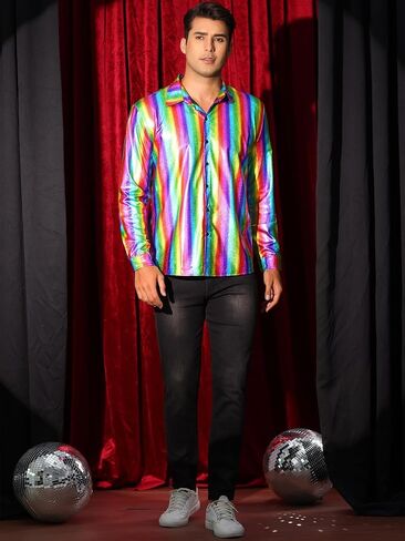 Lars Amadeus Metallic Shirts for Men's Shiny Printed Button Down Party 70s Disco Shirts in Saudi Arabia