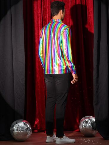 Lars Amadeus Metallic Shirts for Men's Shiny Printed Button Down Party 70s Disco Shirts in Saudi Arabia