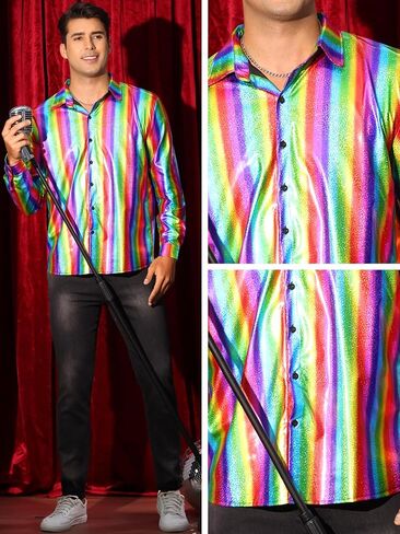 Lars Amadeus Metallic Shirts for Men's Shiny Printed Button Down Party 70s Disco Shirts in Saudi Arabia