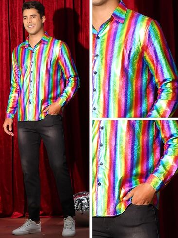 Lars Amadeus Metallic Shirts for Men's Shiny Printed Button Down Party 70s Disco Shirts in Saudi Arabia