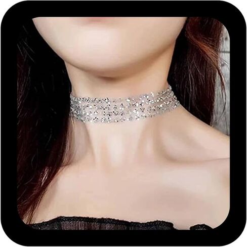 Shining Lace Glitter Choker Wide Glitter Transparent Choker Silver Choker Necklace Bohemia Choker Thin Fabric Choker Necklace Jewelry in Kuwait