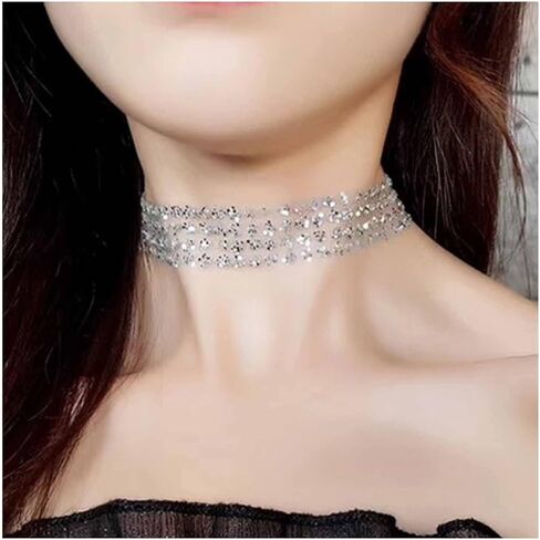 Shining Lace Glitter Choker Wide Glitter Transparent Choker Silver Choker Necklace Bohemia Choker Thin Fabric Choker Necklace Jewelry in Kuwait