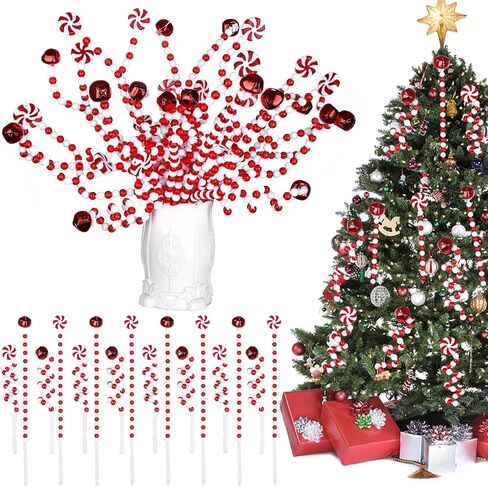 60 Pcs Candy Cane Christmas Tree Picks Decorations Red and White Bells Curly Hanging Ornaments Plastic Xmas Tree Topper Picks for Home Office Vase Crafts Party Centerpiece in Kuwait