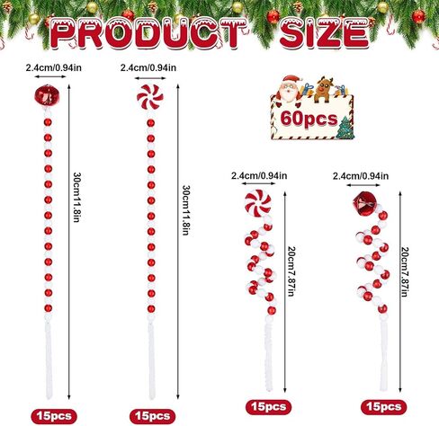 60 Pcs Candy Cane Christmas Tree Picks Decorations Red and White Bells Curly Hanging Ornaments Plastic Xmas Tree Topper Picks for Home Office Vase Crafts Party Centerpiece in Kuwait