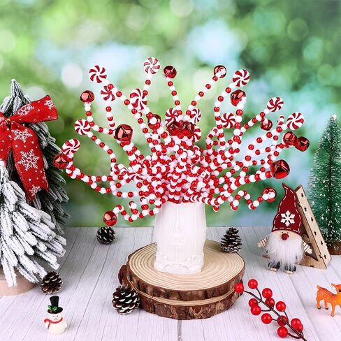 60 Pcs Candy Cane Christmas Tree Picks Decorations Red and White Bells Curly Hanging Ornaments Plastic Xmas Tree Topper Picks for Home Office Vase Crafts Party Centerpiece in Kuwait