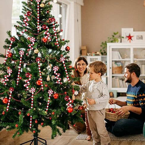 60 Pcs Candy Cane Christmas Tree Picks Decorations Red and White Bells Curly Hanging Ornaments Plastic Xmas Tree Topper Picks for Home Office Vase Crafts Party Centerpiece in Kuwait