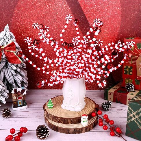 60 Pcs Candy Cane Christmas Tree Picks Decorations Red and White Bells Curly Hanging Ornaments Plastic Xmas Tree Topper Picks for Home Office Vase Crafts Party Centerpiece in Kuwait