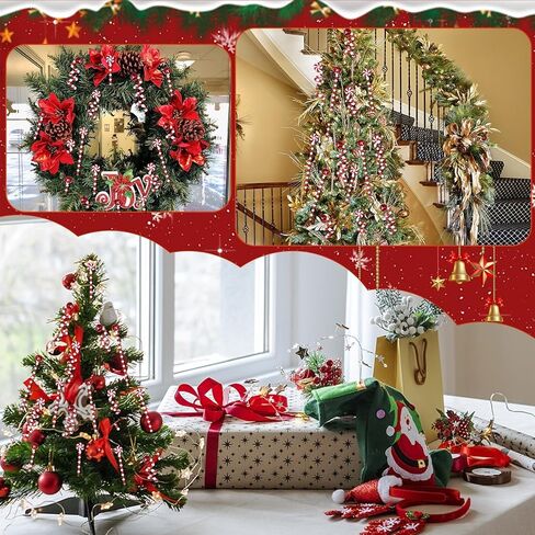 60 Pcs Candy Cane Christmas Tree Picks Decorations Red and White Bells Curly Hanging Ornaments Plastic Xmas Tree Topper Picks for Home Office Vase Crafts Party Centerpiece in Kuwait