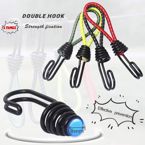Hikeman 8 Pack 8mm Bungee Cord Hooks Black Anti-Rust Paint Spiral Wire Hooks with Separable Reflective Elastic Rope Heavy Duty Strapping Tape Hooks for Camping Trucks Boats (Black) in Saudi Arabia