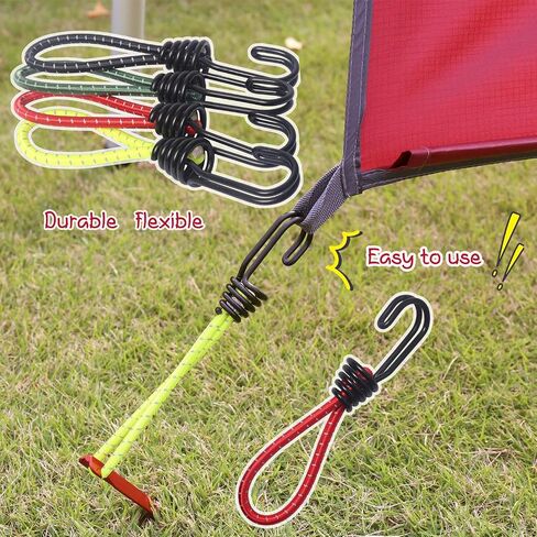 Hikeman 8 Pack 8mm Bungee Cord Hooks Black Anti-Rust Paint Spiral Wire Hooks with Separable Reflective Elastic Rope Heavy Duty Strapping Tape Hooks for Camping Trucks Boats (Black) in Saudi Arabia