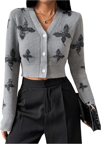 GORGLITTER Women's Cute Cardigan Butterfly Long Sleeve Button Front V Neck Knit Sweater Cardigan in Saudi Arabia