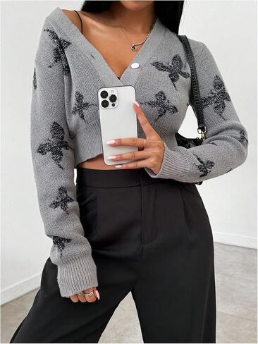 GORGLITTER Women's Cute Cardigan Butterfly Long Sleeve Button Front V Neck Knit Sweater Cardigan in Saudi Arabia