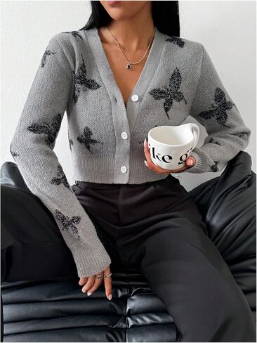 GORGLITTER Women's Cute Cardigan Butterfly Long Sleeve Button Front V Neck Knit Sweater Cardigan in Saudi Arabia