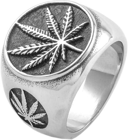 PAMTIER Unisex Stainless Steel Minimalist Retro Ring Charm Marijuana Leaf Carved in Kuwait
