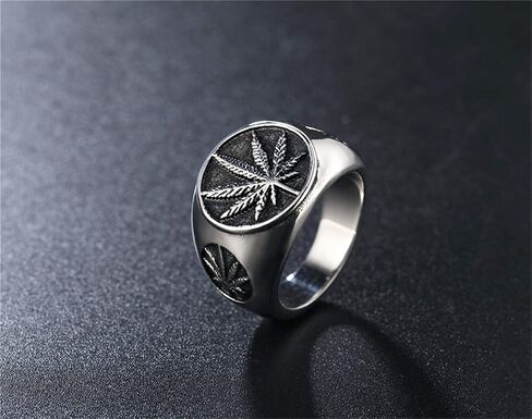 PAMTIER Unisex Stainless Steel Minimalist Retro Ring Charm Marijuana Leaf Carved in Kuwait