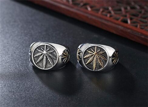 PAMTIER Unisex Stainless Steel Minimalist Retro Ring Charm Marijuana Leaf Carved in Kuwait