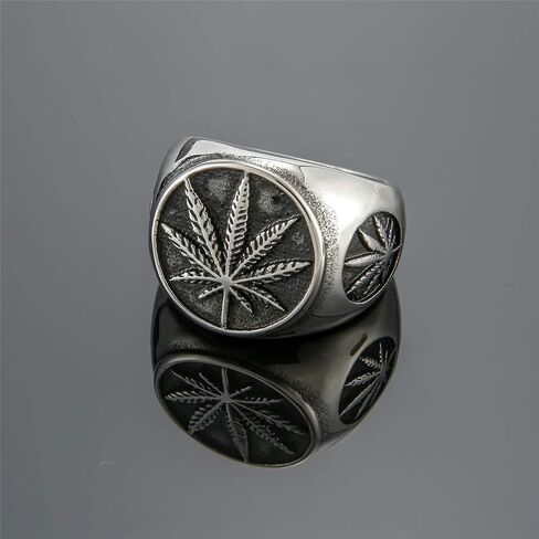PAMTIER Unisex Stainless Steel Minimalist Retro Ring Charm Marijuana Leaf Carved in Kuwait