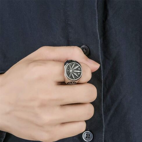 PAMTIER Unisex Stainless Steel Minimalist Retro Ring Charm Marijuana Leaf Carved in Kuwait