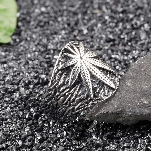 PAMTIER Unisex Stainless Steel Minimalist Retro Ring Charm Marijuana Leaf Carved in Kuwait
