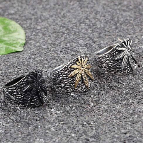PAMTIER Unisex Stainless Steel Minimalist Retro Ring Charm Marijuana Leaf Carved in Kuwait