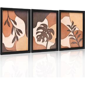 Set of 3 Framed Boho Wall Art, 3D Minimalist Botanical Print Wall Art for Mid Century Modern Office Kitchen Wall Decor