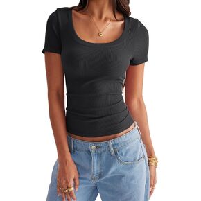 Womens Seamless Ribbed Tops with Built in Bra Scoop Neck Short Sleeve Tees Slim Fit Basic T-Shirts Cute Summer Clothes