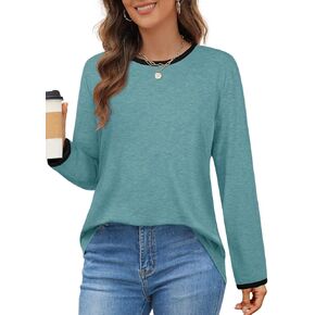 MEROKEETY Women's 2024 Fall Long Sleeve Tops Crewneck Casual Loose Trendy Color Block T Shirts Blouse