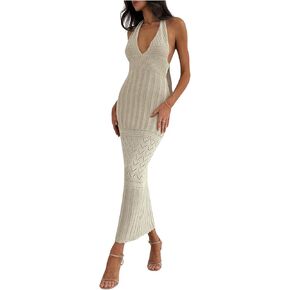 SOLY HUX Women's Sexy Halter V Neck Bodycon Sweater Dress Knitted Backless Maxi Dress Party Club Dresses