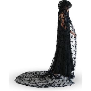 Black Hooded Cape Tulle Cloak Witch Gothic Costume Medieval Renaissance Wizard Vampire Robe with Hood for Women Adults