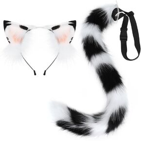 JUNBOON Cat Wolf Fox Tail Faux Fur Ear Headband Set Adult Halloween Xmas Fancy Party Cosplay Costume Gifts