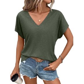 Women's V Neck Batwing Sleeve Tops Summer Basic Short Sleeve T Shirts Loose Fit Tees 2025