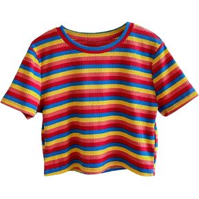 SweatyRocks Girl's Striped Color Block Tee Shirt Short Sleeve Round Neck Ribbed Knit Tee Tops