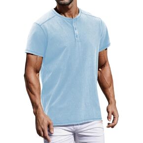 Mens Distressed Henley Shirts Casual Washed T-Shirts Retro Short Sleeve Tee Cotton Shirts