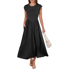 ANRABESS Women Cap Sleeve Maxi Dress Summer Dressy Casual Elegant Fit Flare High Waist Flowy Aline Wedding Beach Sundress