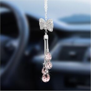 Bling Heart Rearview Mirror Ornament, Crystal Rinestones Car Interior Hanging Ornament Pendant, Lucky Auto Rear View Mirror Charm Decor Accessories for Women Girls (Pink)