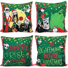 Nightmare Before Christmas Pillow Covers, 4pcs Jack and Sally Holiday Winter Throw Pillow Covers 18x18 Merry Christmas Couch Sofa Christmas Decorations Holiday Pillow Cases, Green, ER123