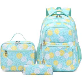 Daisy Printed Backpacks for Girls with Lunch Bag Pencil Case 3pcs Set, Lightweight Elementary Bookbags for Teen Girls