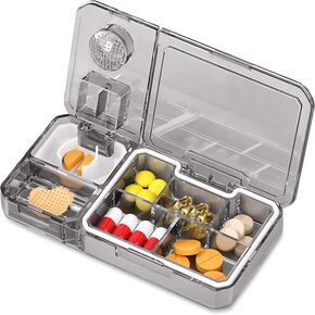 Pill Organizer with Cutter Crusher:Travel Medicine Pill Organizer for Pocket Purse to Hold Vitamins Medication Supplements,Grey