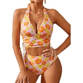 SweatyRocks Women's Floral Print 2 Piece Swimsuit Tie Side Halter High Waisted Bikini Bathing Suit