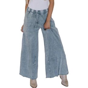 Wide Leg Jeans Women Chic Classic Collection Womens Elastic Waist Pull On Pants Drawstring Baggy Barrel Trouser Denim Sweat Pants with Pockets Office Spring NavyS