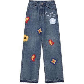 Women's Y2K High Waisted Straight Leg Baggy Jean 3D Floral Embroidered Denim Pants with Pocket