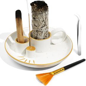 Incense Holder 5 in 1 Incense Burner Holder Sage Holder for Burning Palo Santo Holder with Handle 5.9 Inch Ceramic Incense Burner Ash Catcher Tray for Meditation Yoga Room