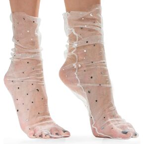 White Pearl Glam: Women Sheer Slouch Tulle Socks | Shiny Glitter Novelty Decorated Loose Socks with Stars & Moon - Ankle High 1 Pair (US sizes 5-8)